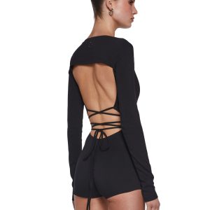 Womens Sexy Open Back Fitted Romper Signal Darker Wavs - Black