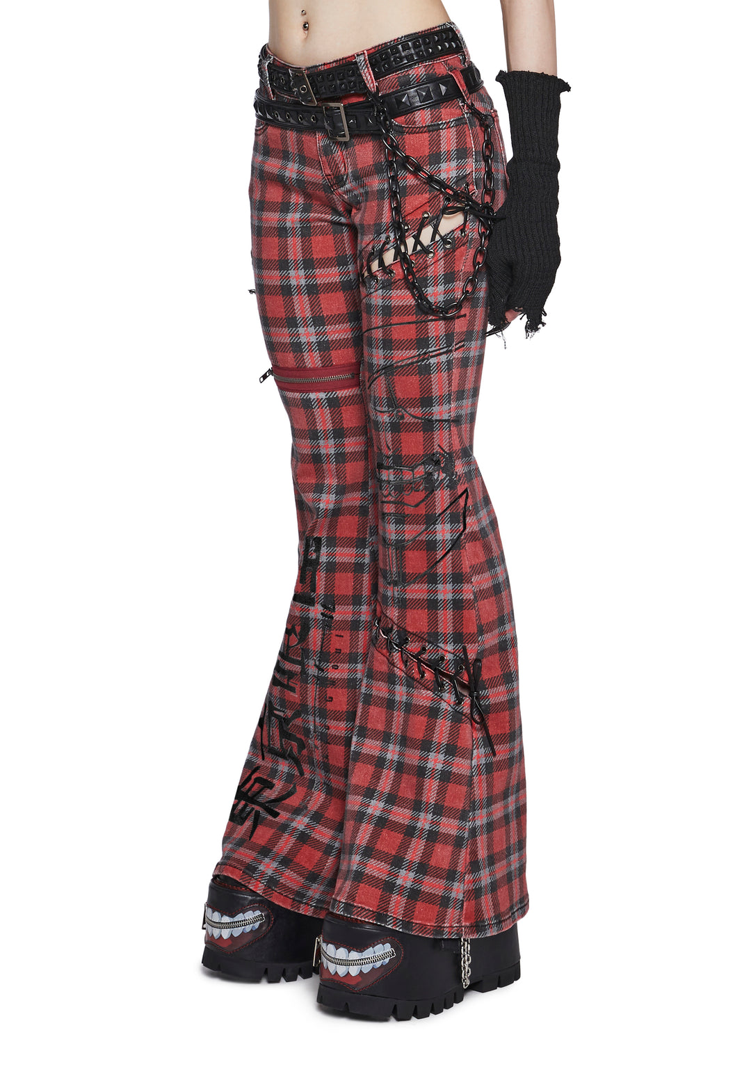 Dolls Kill x Tokyo Ghoul Plaid Flared Pants With Lace Up And Zippers - Red - Image 7