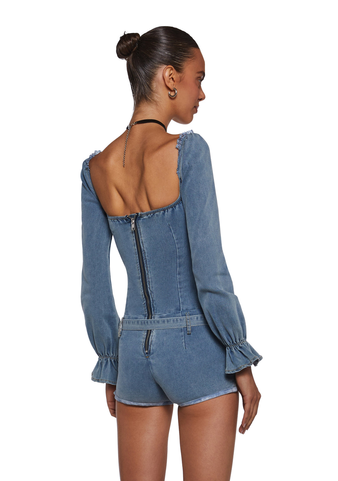 Womens Denim Long Sleeve Romper - Blue - Image 4
