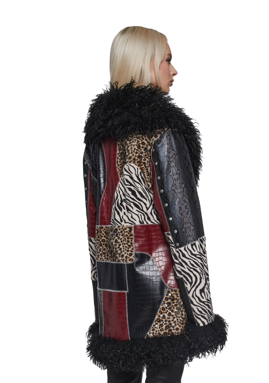 Womens Patchwork coat With Faux Fur Trim - Multi - Image 4