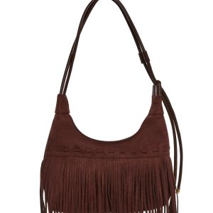 Vegan Leather Faux Suede Fringe Hobo Shoulder Bag - Brown