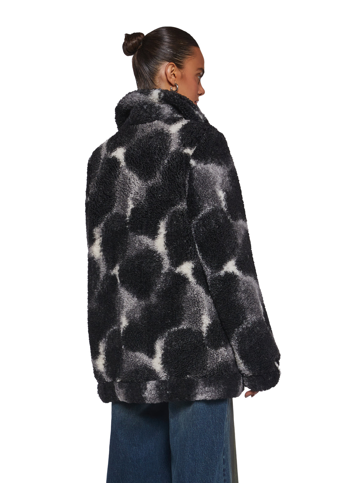 Tie Dye Print Faux Fur Sherpa Zip-Up Jacket Current Mood - Black - Image 4