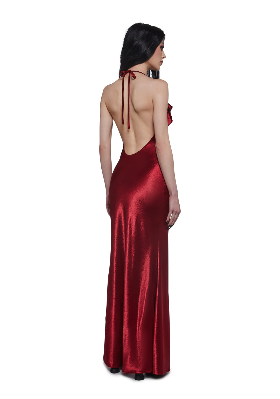 Womens Satin Maxi Dress With Ruffles Widow - Red - Image 4