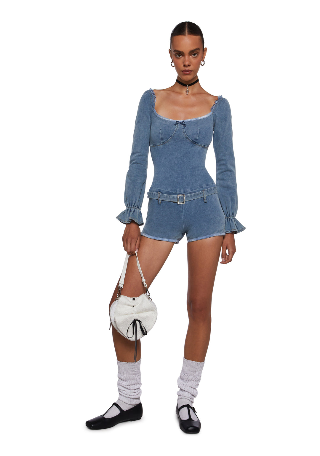 Womens Denim Long Sleeve Romper - Blue - Image 2