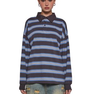 Womens Rugby Striped Oversized Shirt Current Mood - Brown
