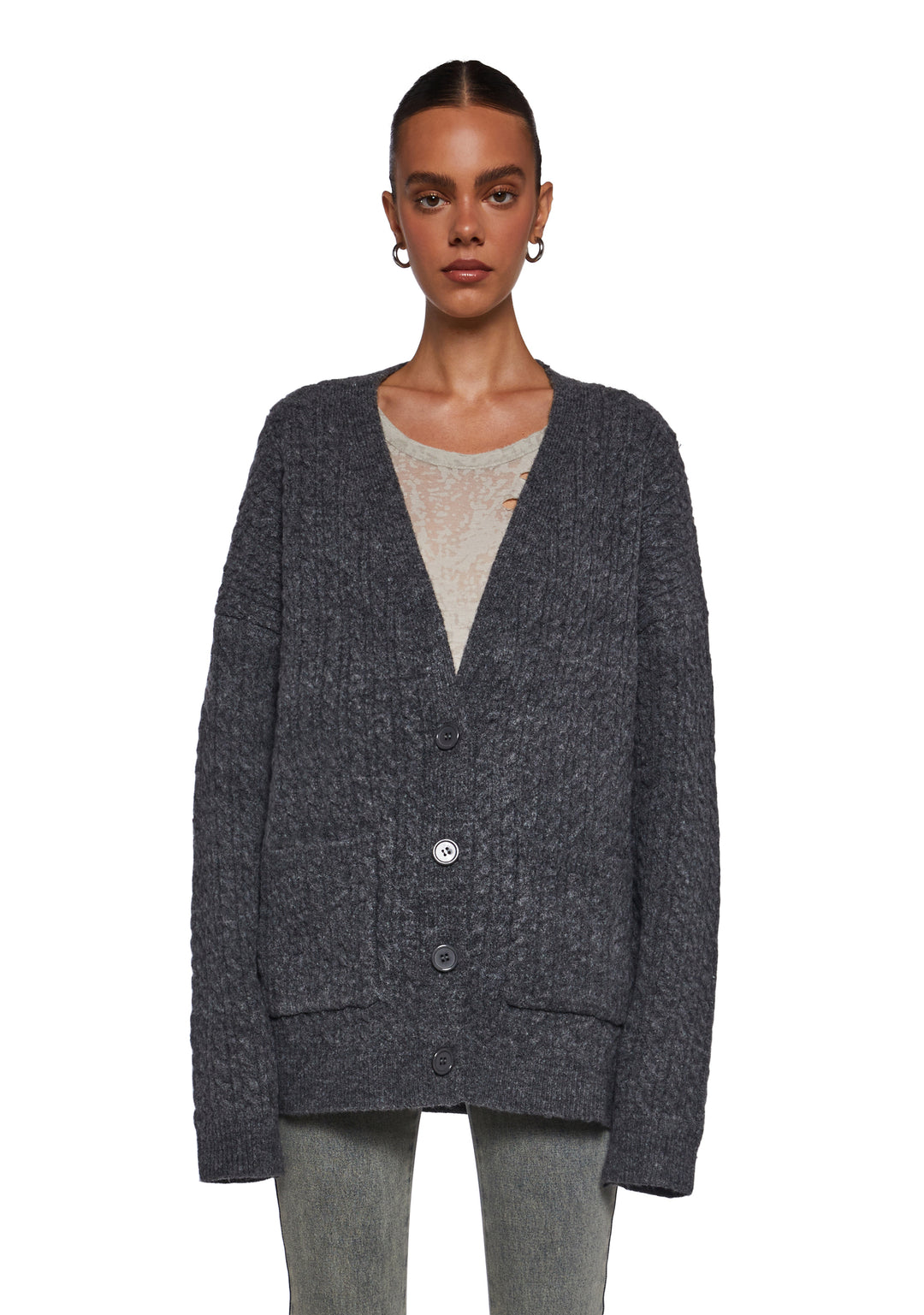 Womens Distressed Cable Knit Cardigan Current Mood - Gray