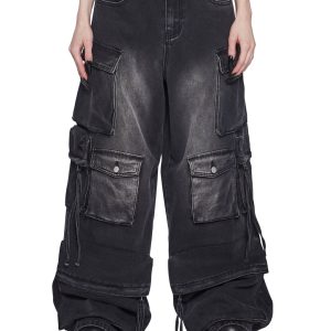 Womens Distressed Cargo Denim Jeans Widow - Black