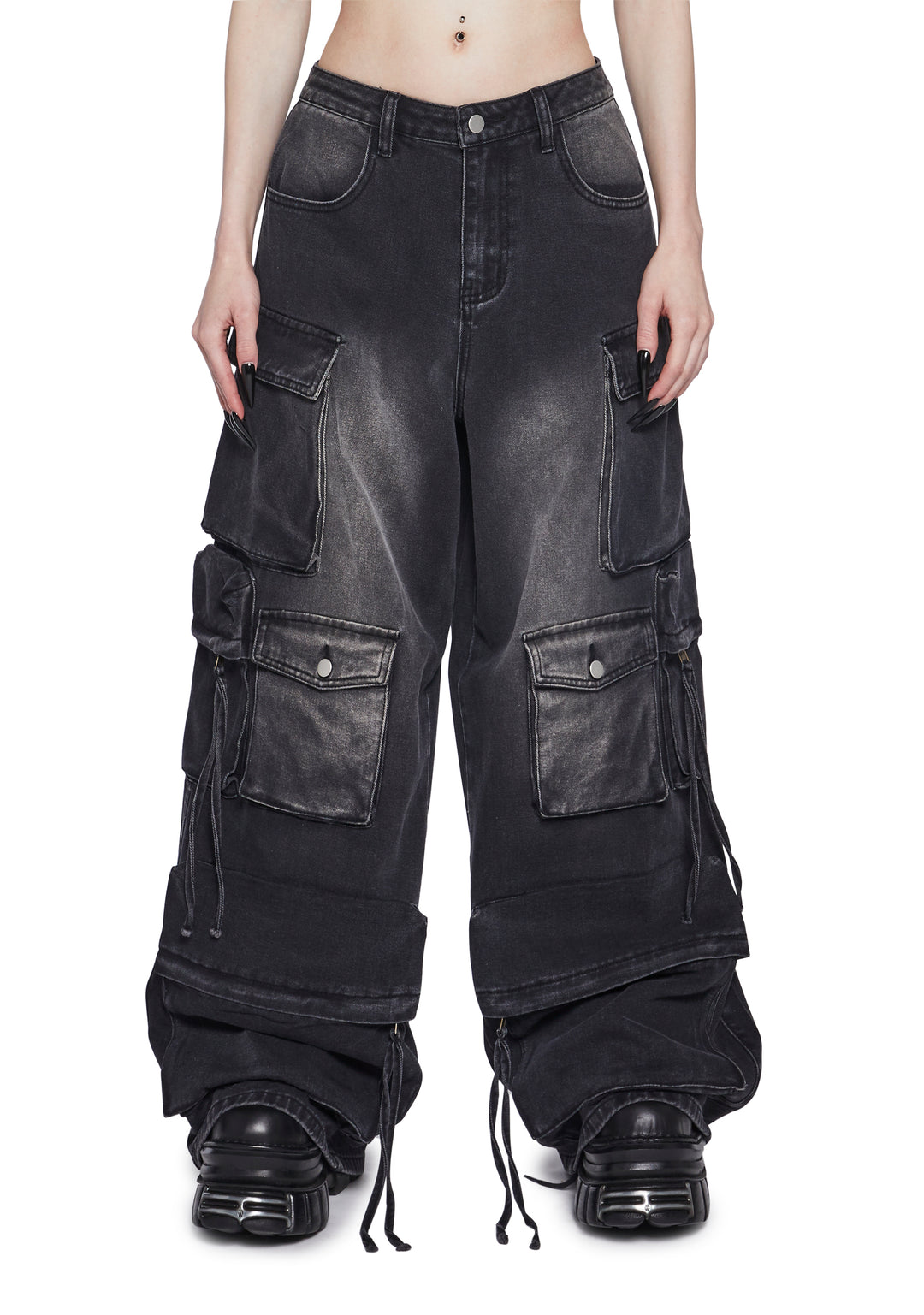 Womens Distressed Cargo Denim Jeans Widow - Black