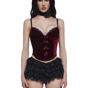 Widow Vampire Goth Crushed Velvet Rosette Bows Corset Top - Red