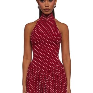 Womens Polka Dot Halter Dress - Red
