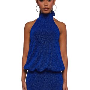 Womens High Neck Glitter Mini Dress - Blue