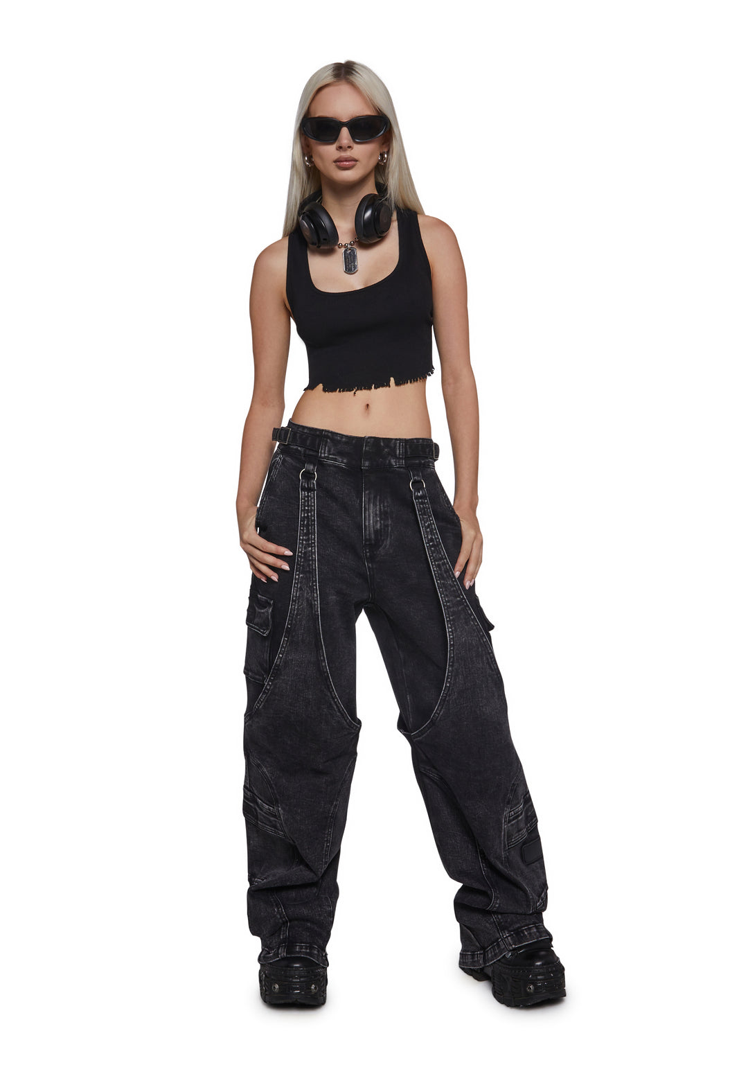 Womens Denim Wide Leg Pants Y2K Darker Wavs - Black - Image 2