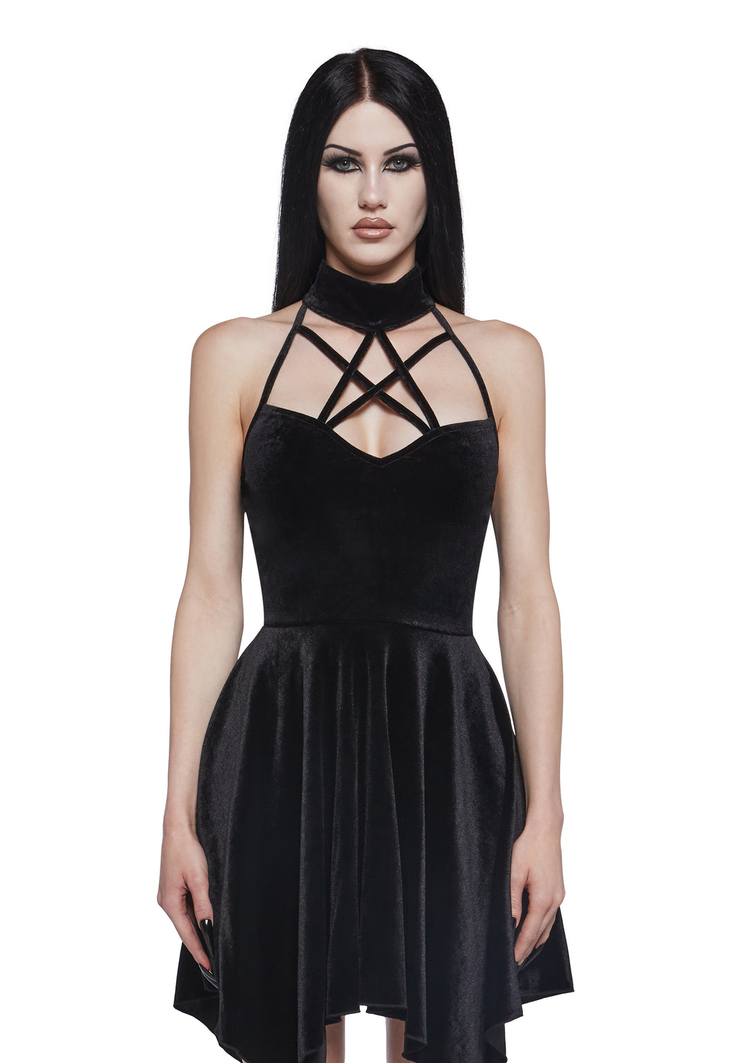 Stretchy Velvet Pentagram High Collar Mini Dress Widow - Black