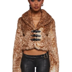 Generation Kiss Fawn Deer Print Faux Fur Cropped Jacket - Brown