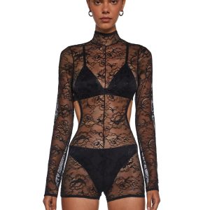 Womens Sheer Cut Out Romper Club Exx - Black