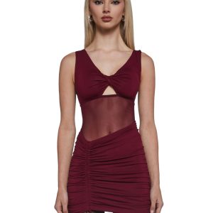 Womens Asymmetrical Ruched Mini Dress Current Mood - Red