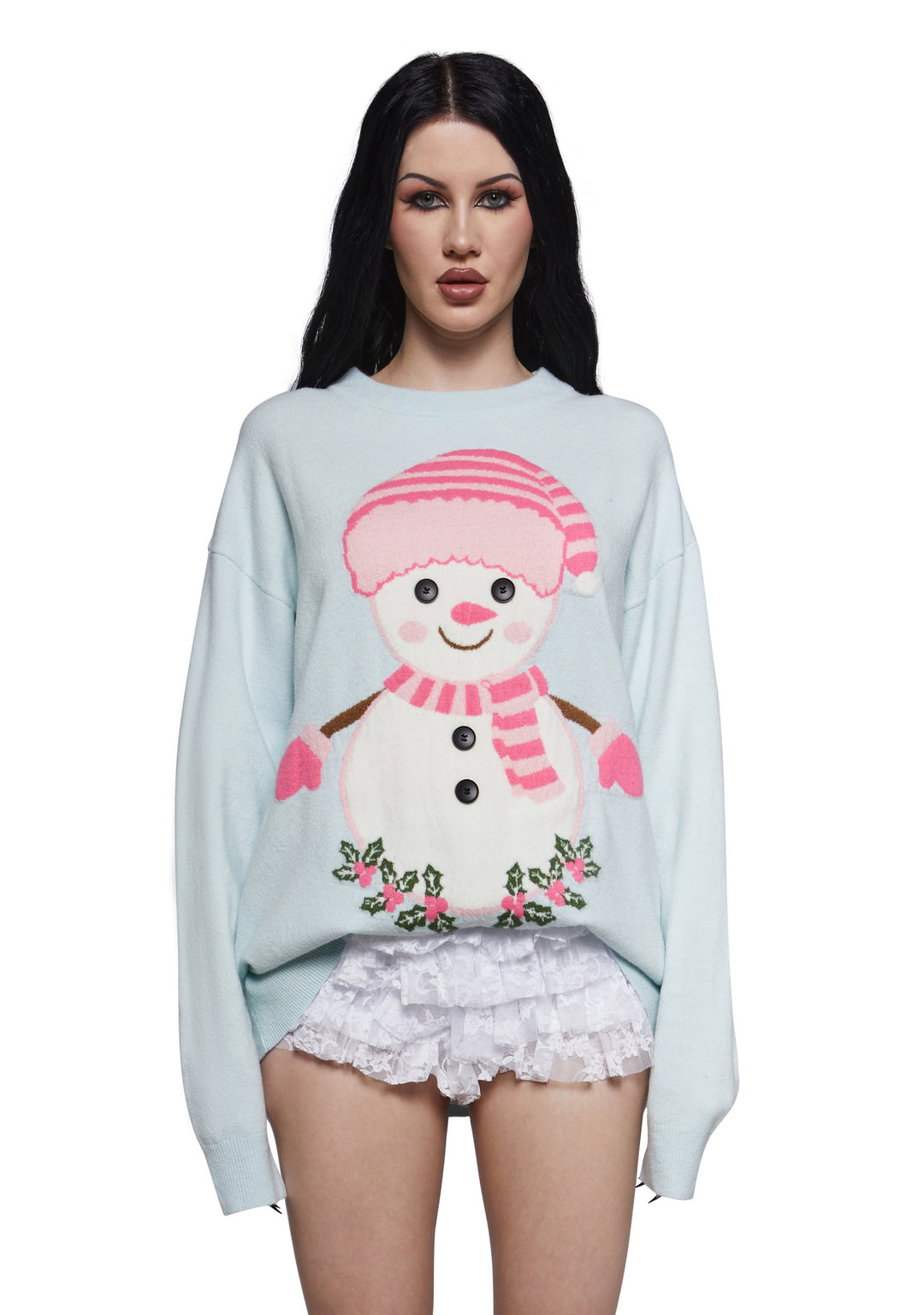 Stretchy Acrylic Knit Snowman Holly Button Intarsia Sweater Sugar Thrillz - Light Blue - Image 6