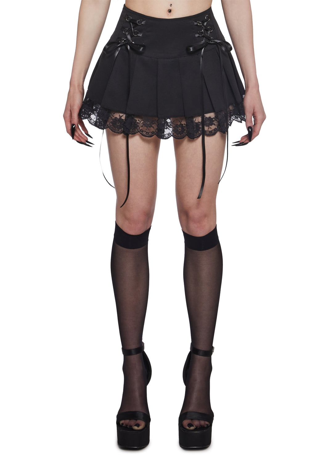 Widow Lace Trim Pleated Skirt - Black