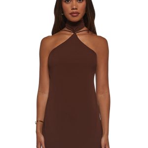 Womens Mesh Halter Dress - Brown