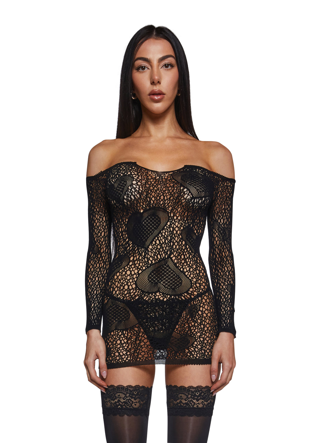 Womens Long Sleeve Lace Off The Shoulder Dress - Black