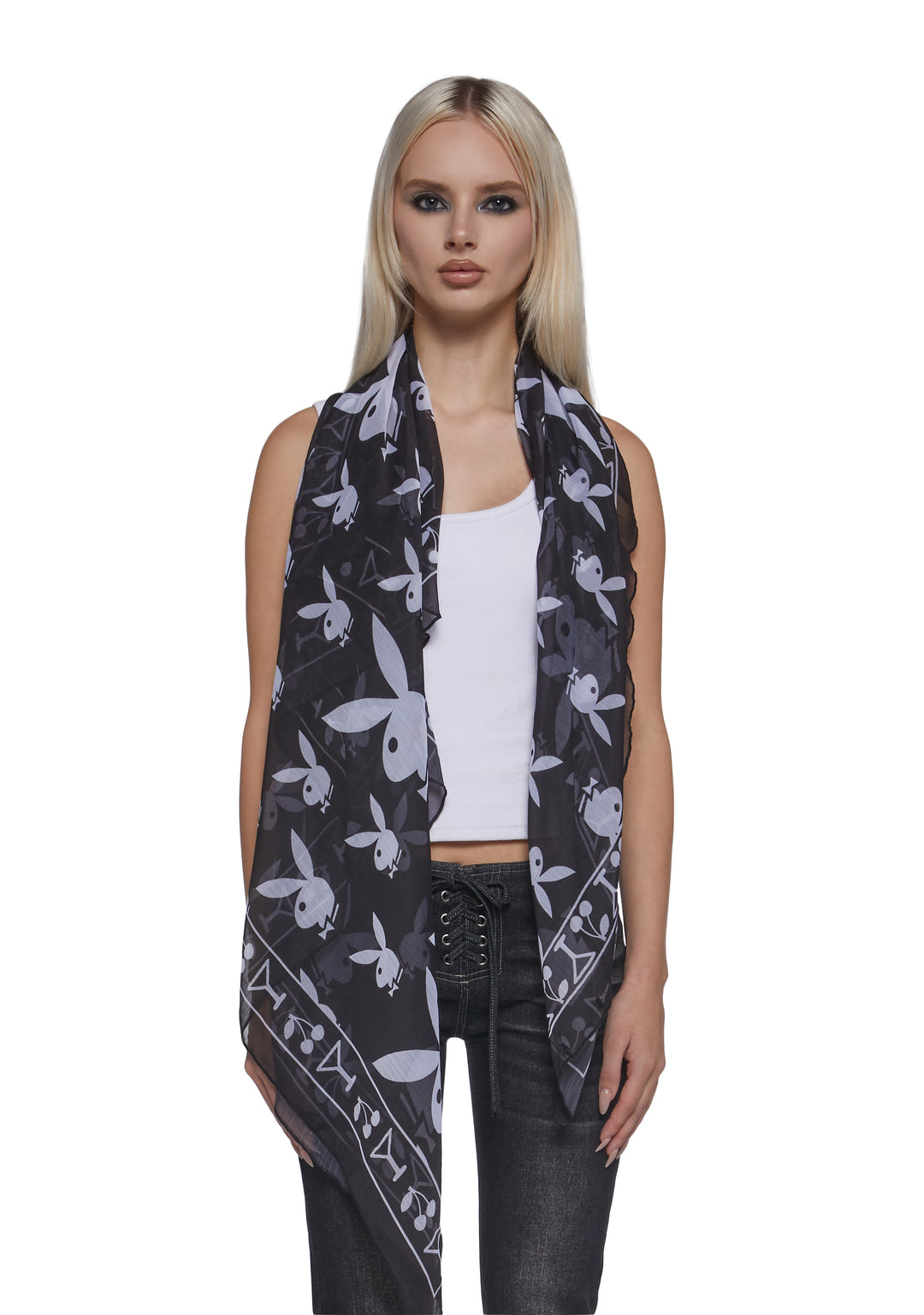 Playboy by Dolls Kill Bunny Graphic Printed Scarf - Black