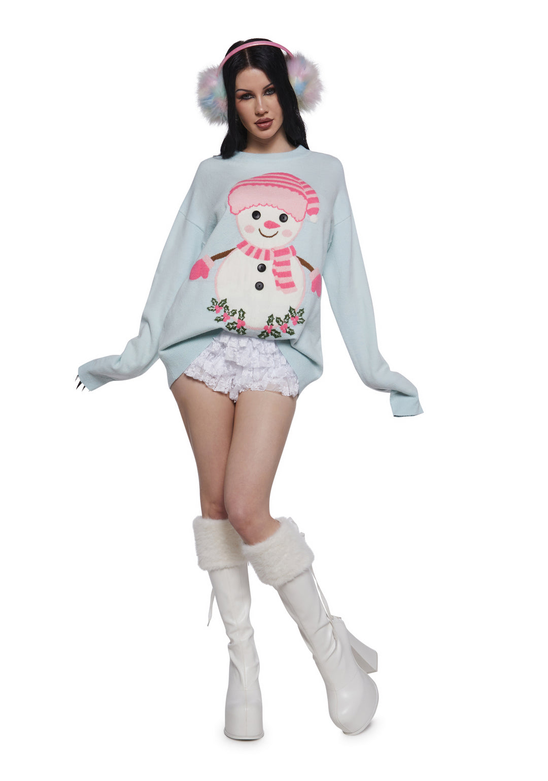 Stretchy Acrylic Knit Snowman Holly Button Intarsia Sweater Sugar Thrillz - Light Blue - Image 2