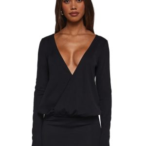 Womens Low Waist Deep V Neck Mini Bodycon Dress Generation Kiss - Black