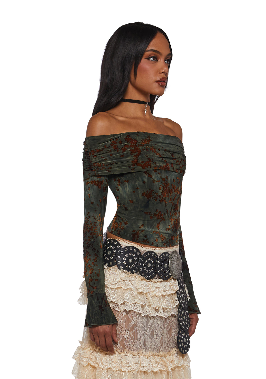 Womens Velvet Floral Filigree Off The Shoulder Top Current Mood - Green - Image 3