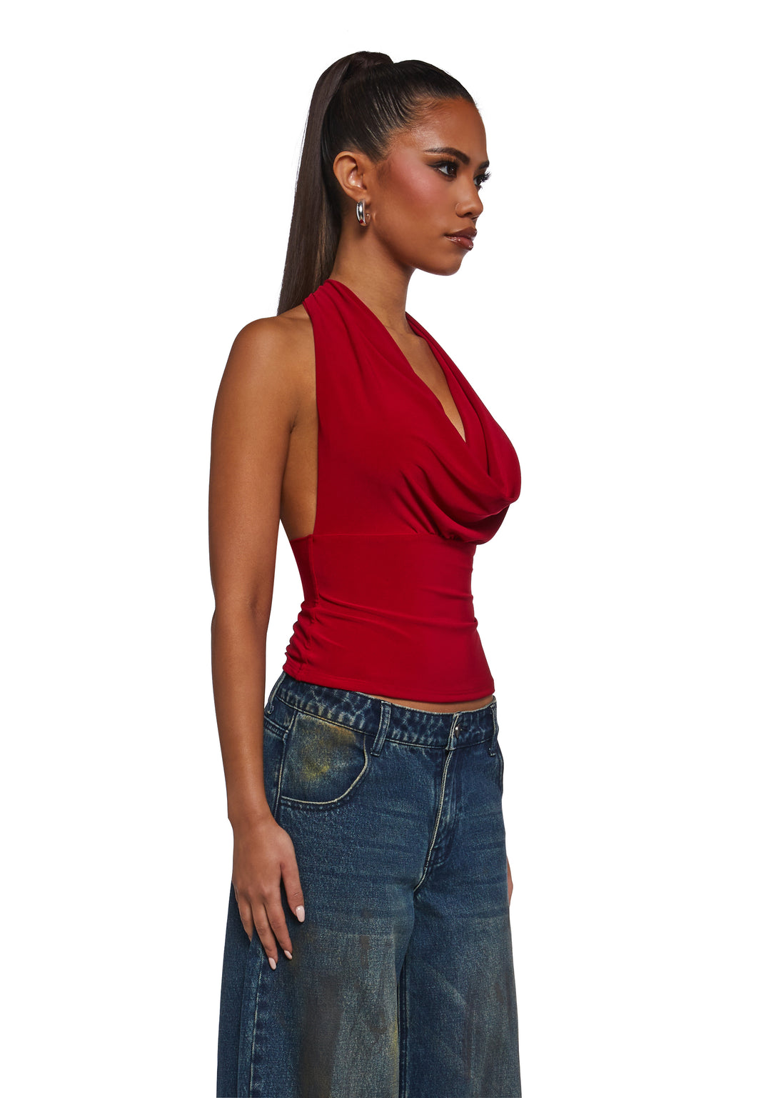 Womens Cowl Neck Top - Red - Image 3