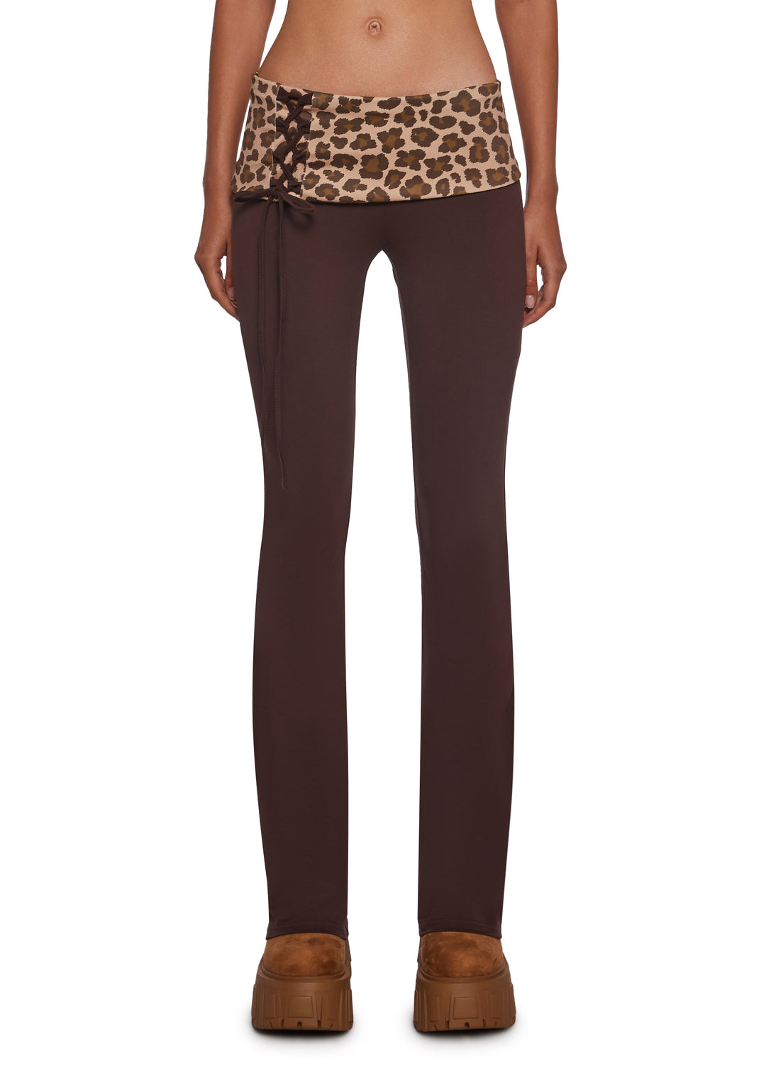 Stretchy Knit Leopard Print Lace-Up Foldover Waist Flare Pants Sugar Thrillz - Brown