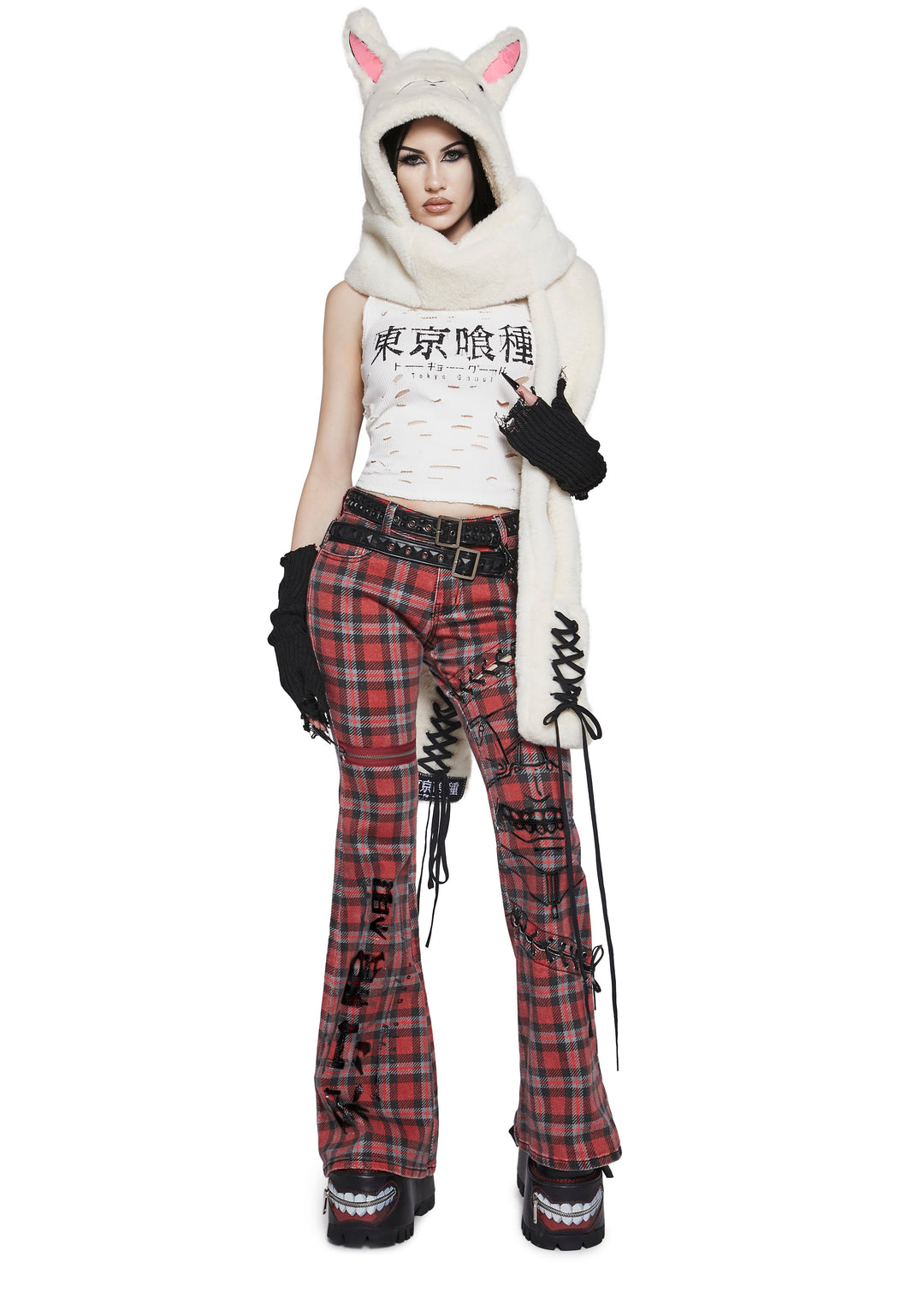 Dolls Kill x Tokyo Ghoul Plaid Flared Pants With Lace Up And Zippers - Red - Image 8
