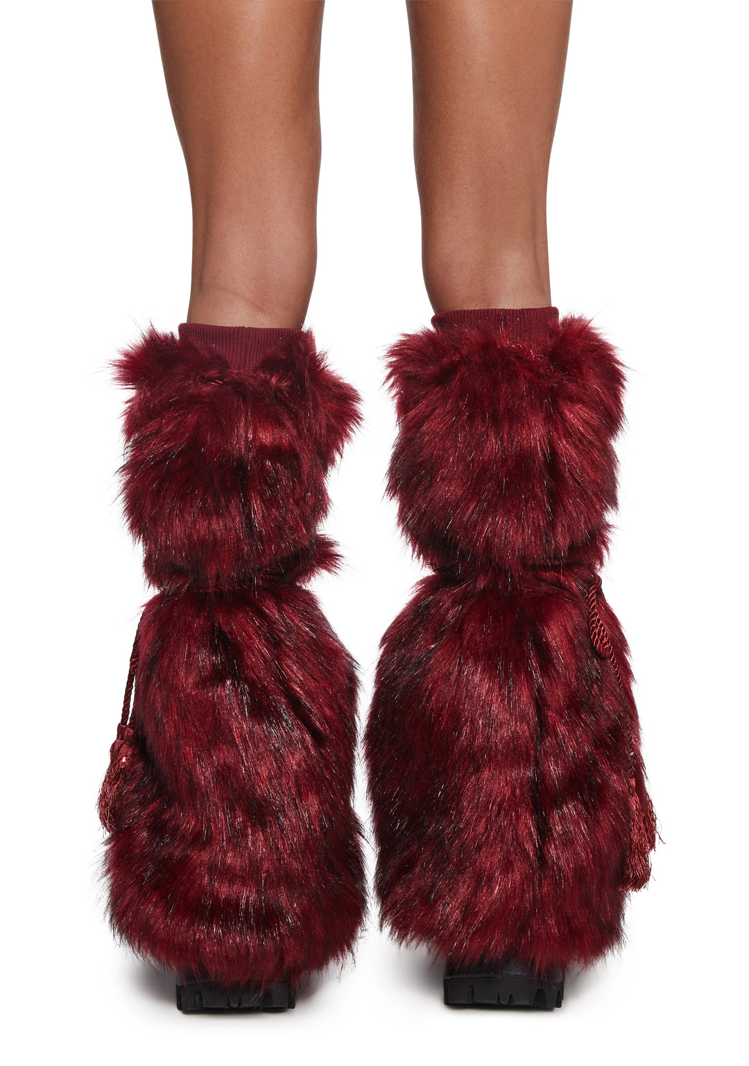 Club Exx Burning Man Faux Fur Leg Warmers With Tassel Ropes Burning Man - Red - Image 3