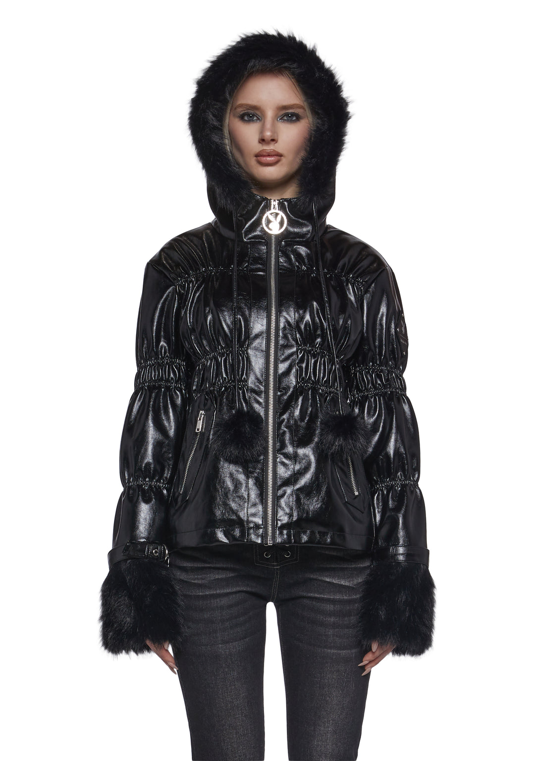 Playboy by Dolls Kill VInyl Puffer Jacket With Faux Fur Trim - Black - Image 7