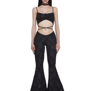Womens Embossed Rose Cut Out Jumpsuit Widow - Black