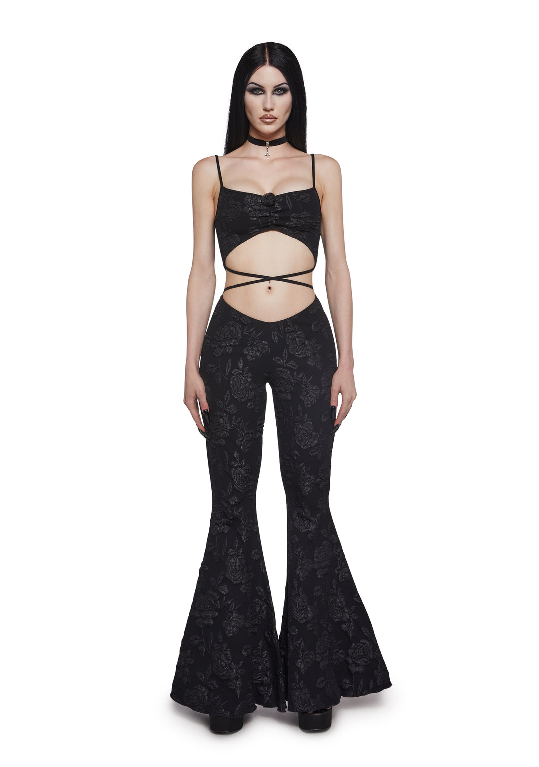 Womens Embossed Rose Cut Out Jumpsuit Widow - Black
