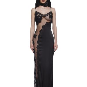 Womens Lace Applique Charmeuse Slip Maxi Dress Unholy - Black