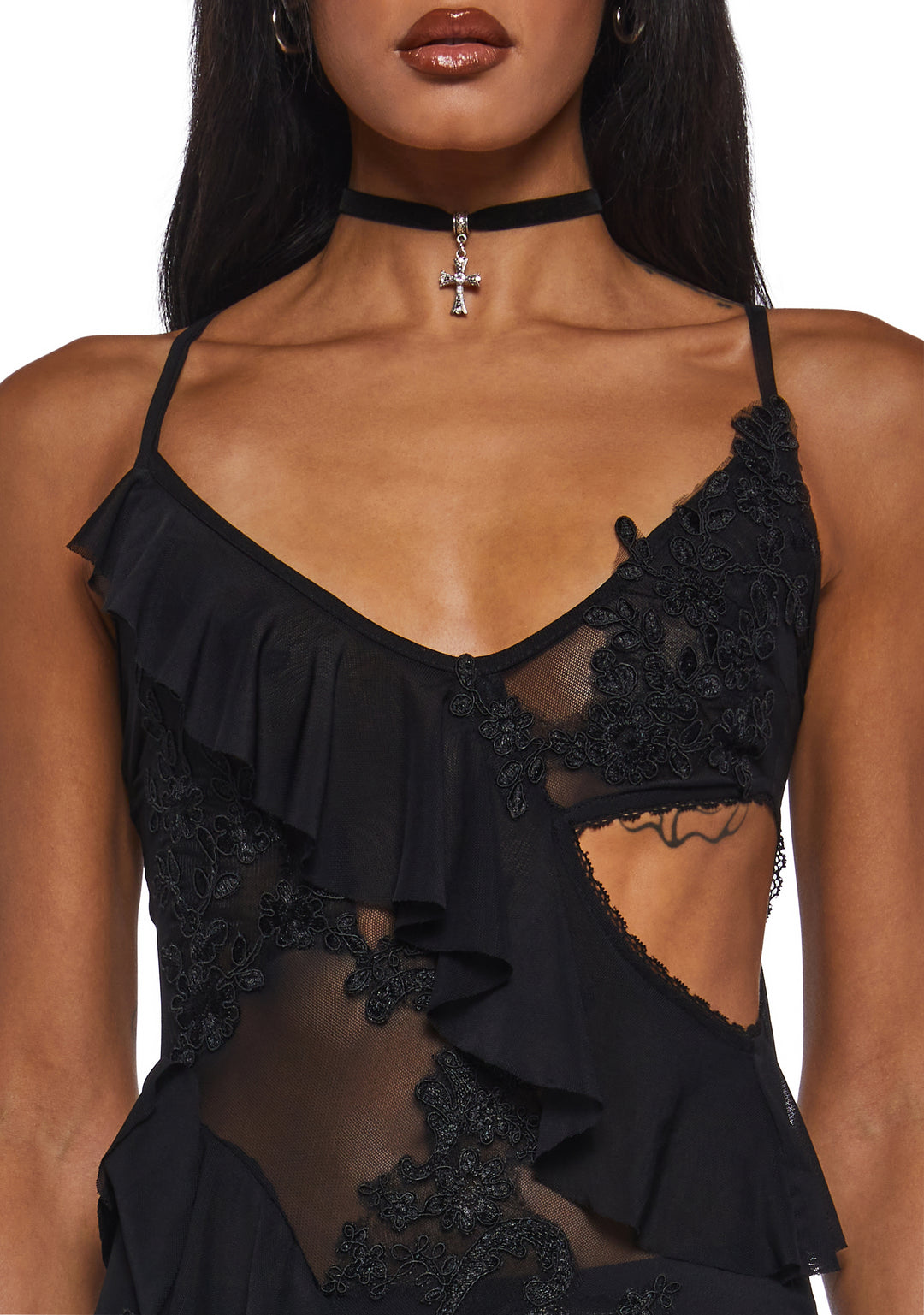 Womens Mesh Ruffled Asymmetrical Maxi Dress With Lace Appliques Current Mood - Black - Image 8