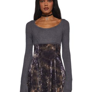 Womens Chunky Knit Velour Velvet 90s Dress Current Mood - Gray