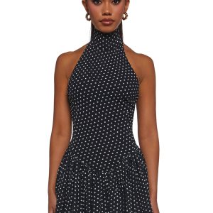 Womens Polka Dot Halter Dress - Black