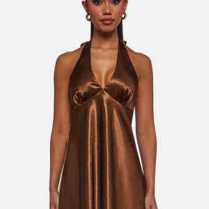 Womens Satin Halter Mini Dress - Brown