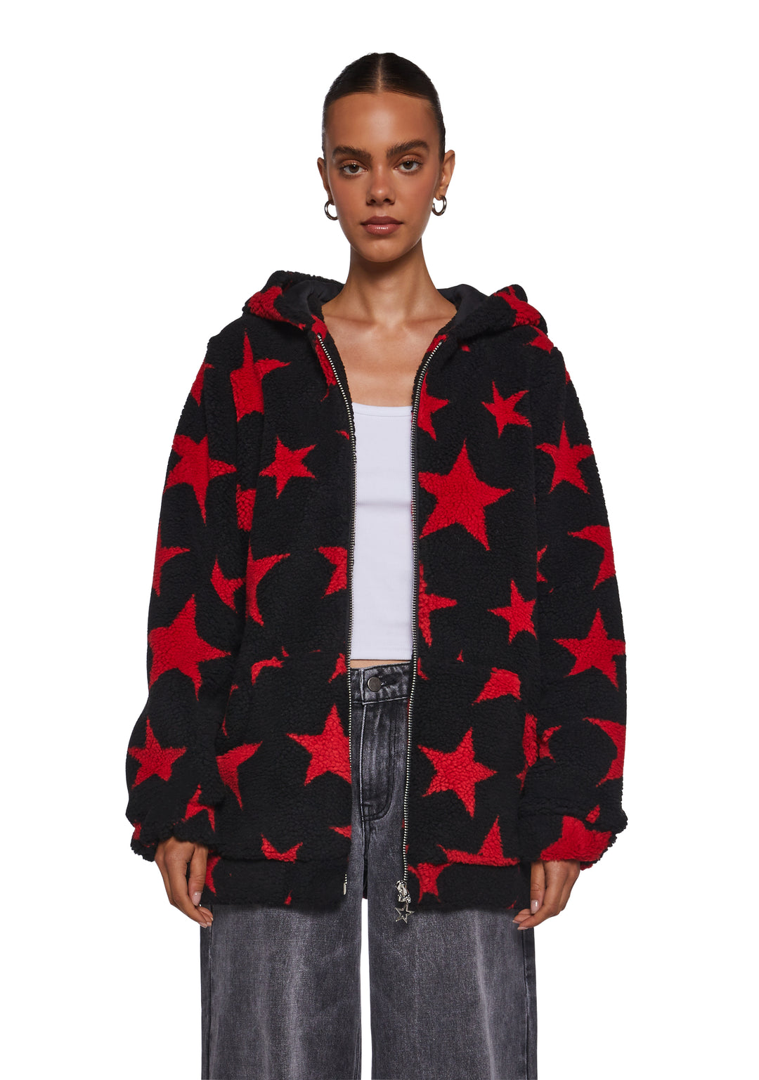 Current Mood Faux Shearling Star Teddy Hooded Sherpa Jacket - Black/Red - Image 6