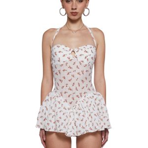 Womens Sexy Floral Print Mini Dress - White
