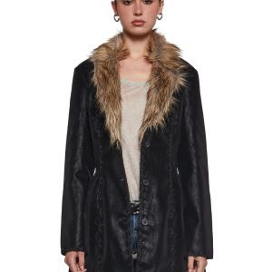 Womens Matte Vegan Leather Lace Up Jacket With Faux Fur Trim - Black