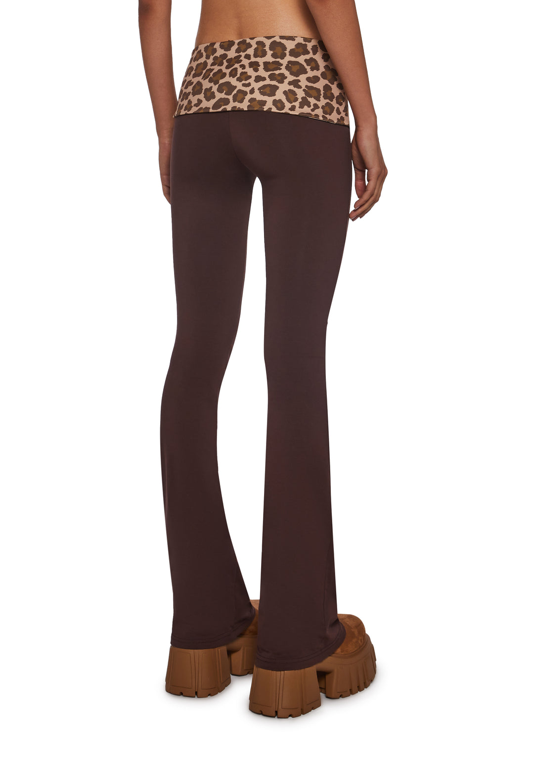 Stretchy Knit Leopard Print Lace-Up Foldover Waist Flare Pants Sugar Thrillz - Brown - Image 4