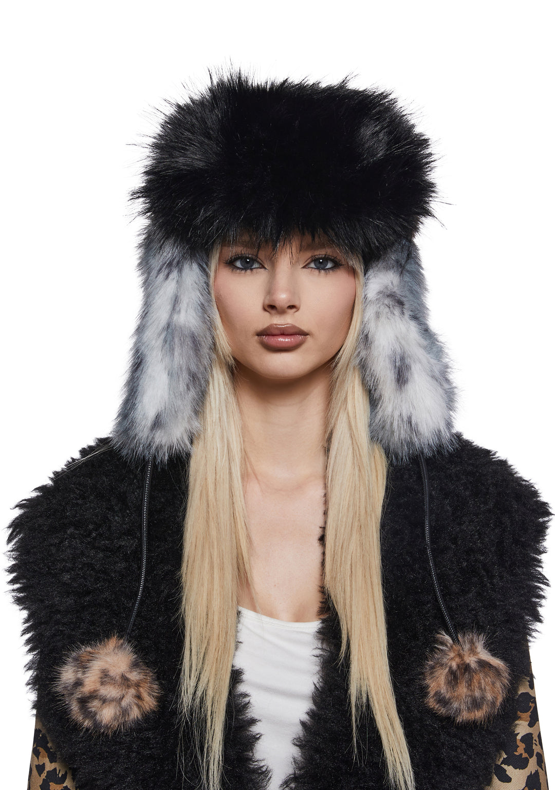 Faux Fur Leopard Flap Hat With Pom Poms Generation Kiss - Multi