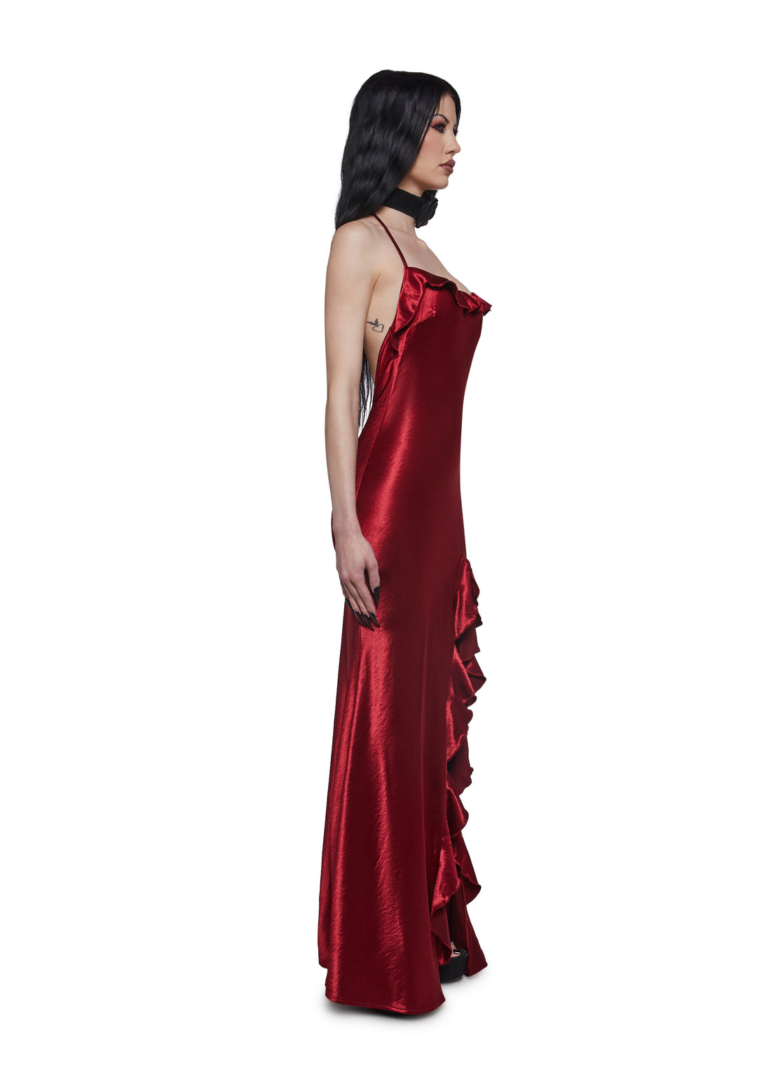Womens Satin Maxi Dress With Ruffles Widow - Red - Image 3