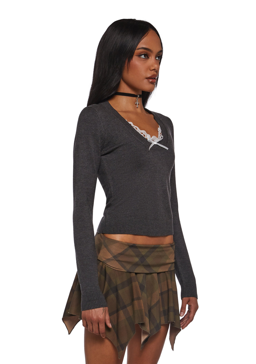 Womens Long Sleeve Knit Top With Bows Current Mood - Gray - Image 3