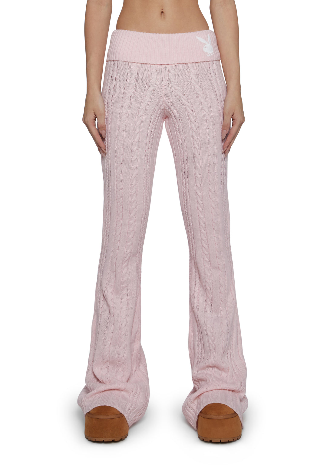 Playboy by Dolls Kill Cable Knit Flared Yoga Pants - Pink