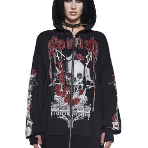 Widow Vampire Goth Graphic Print Skull Roses Zip-Up Hoodie - Black