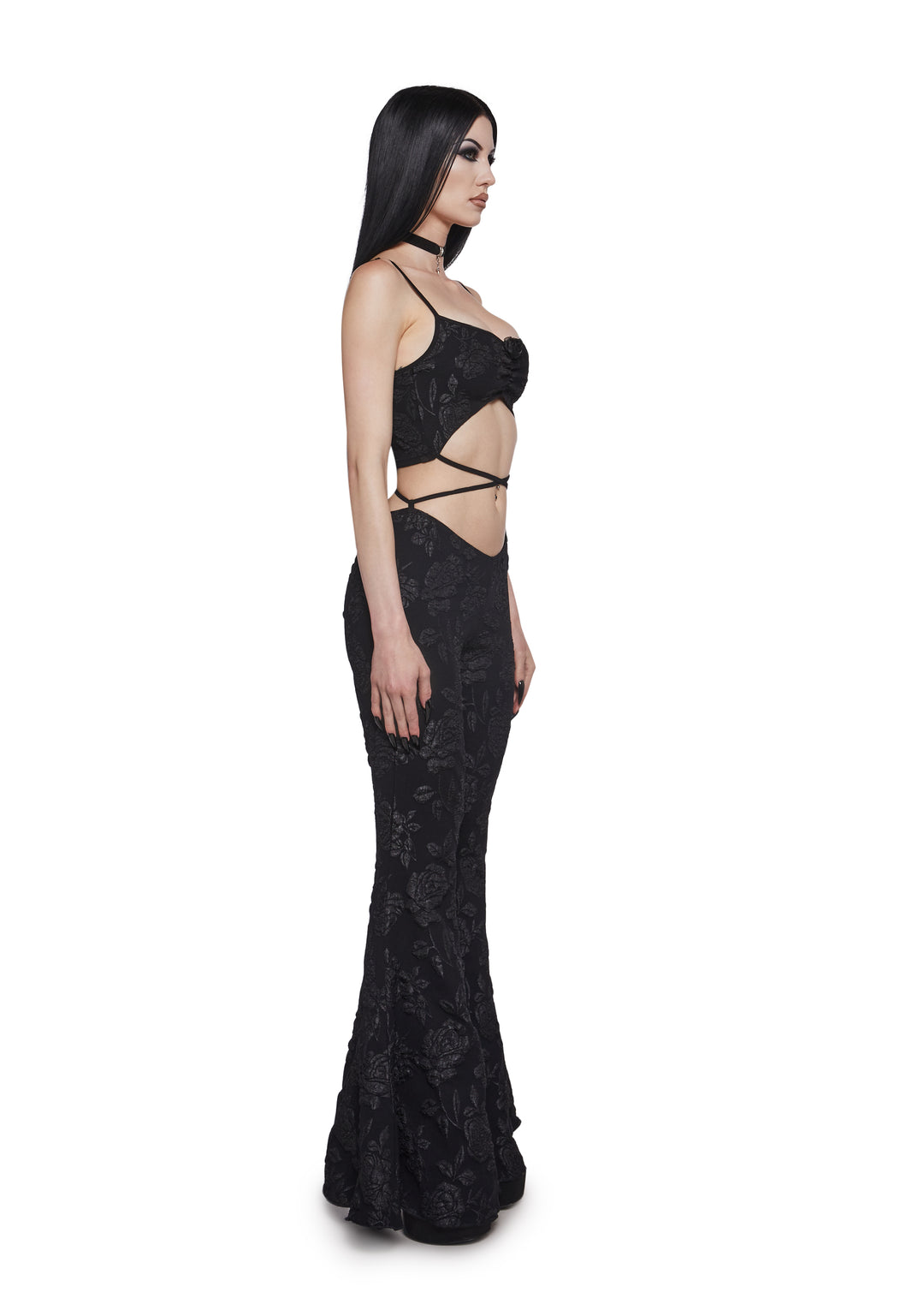 Womens Embossed Rose Cut Out Jumpsuit Widow - Black - Image 3